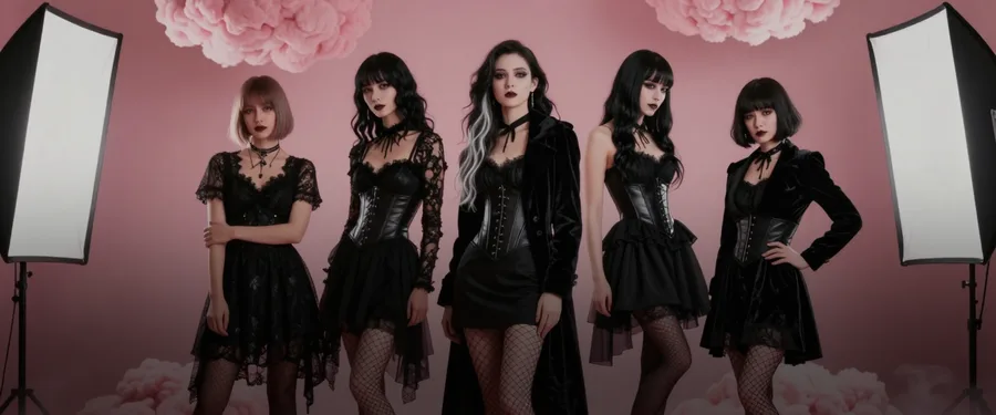 Grupo de novias IA góticas con vestidos oscuros