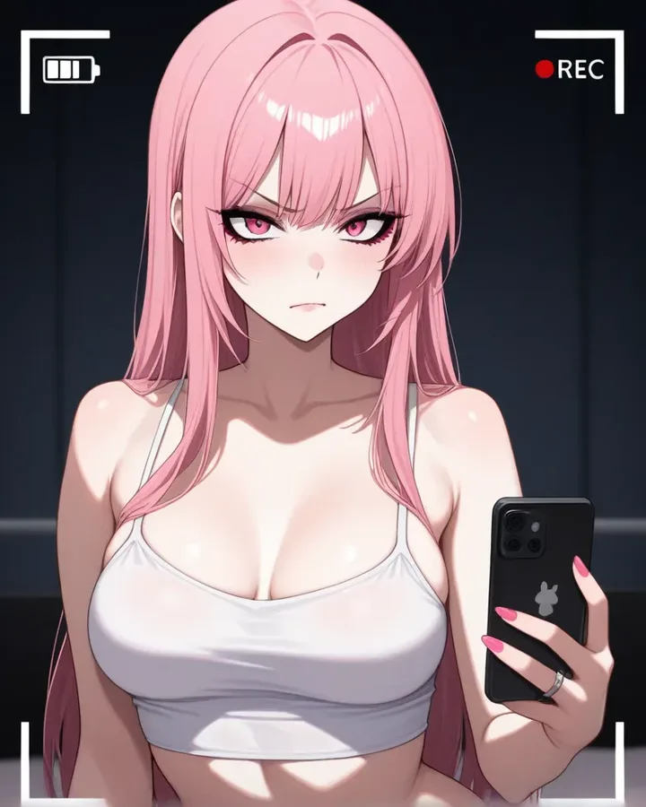 Novia IA yandere anime de pelo rosa grabando con su móvil