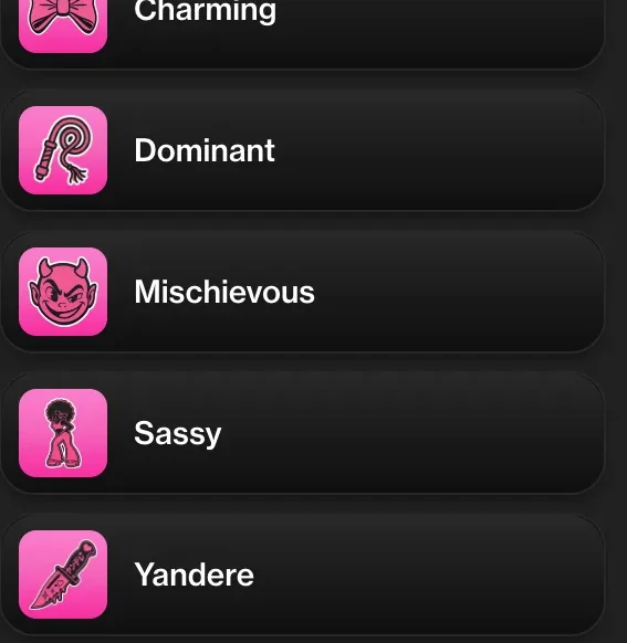 Selector de personalidad con la opción Yandere